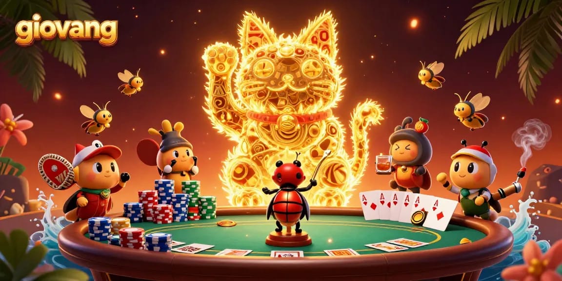 Experience giovang with lively golden fireflies and a lucky cat in a vibrant casino scene.