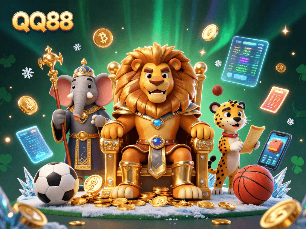 Engage with QQ88's sports betting adventures featuring a lion king, wise elephant, and swift cheetah.