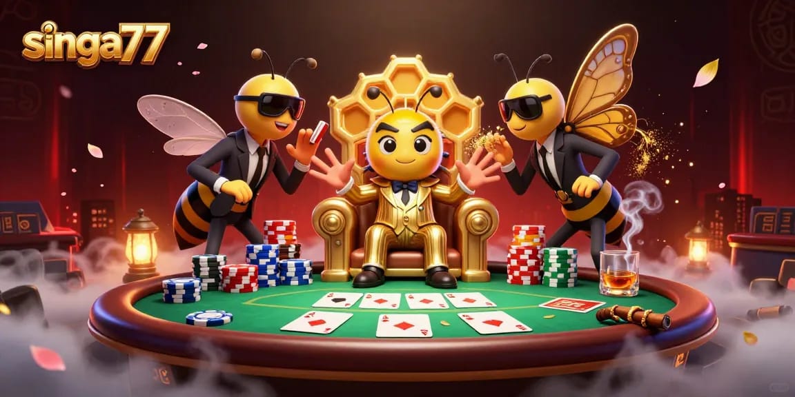 Singa77 poker scene with a cartoon bumblebee mob boss, vibrant chips, and magical ambiance.