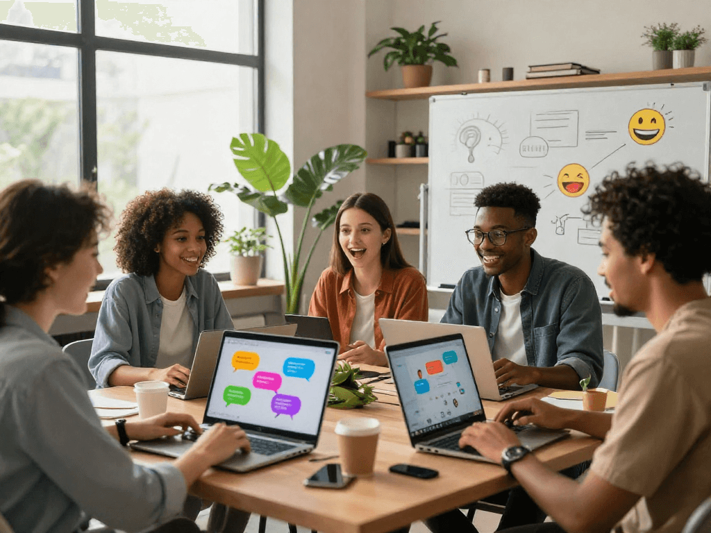 Participants engaged in a lively spicy chat session in a vibrant co-working space, showcasing colorful chat bubbles and dynamic interactions.