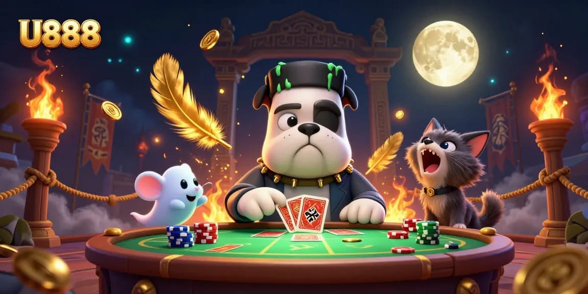 U888: A fun and spooky casino scene featuring a Frankenstein bulldog dealing cards, surrounded by fantastical elements.