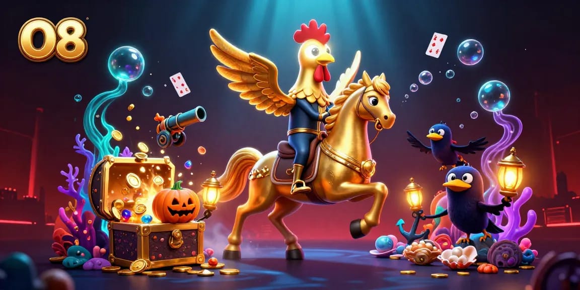 Win big at O8 with exciting underwater adventures and golden treasures in a vibrant casino scene.