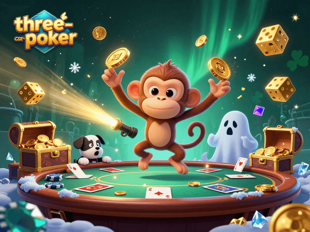 Engage in three-card-poker alongside a playful monkey juggling coins and cards amidst a lively casino scene.