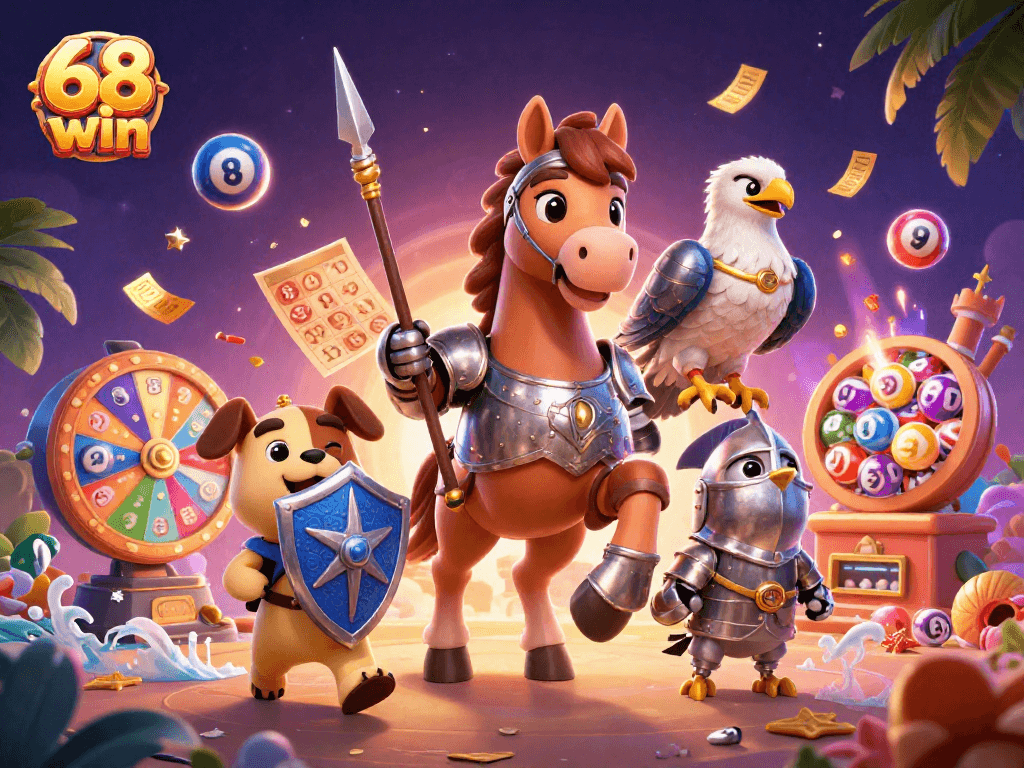 Experience the excitement of 68 win with vibrant lottery elements and a medieval-themed casino illustration.