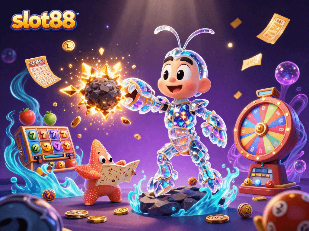 Menang besar dengan slot88 di kasino online, simbol keberuntungan menyebar di seluruh gambar.