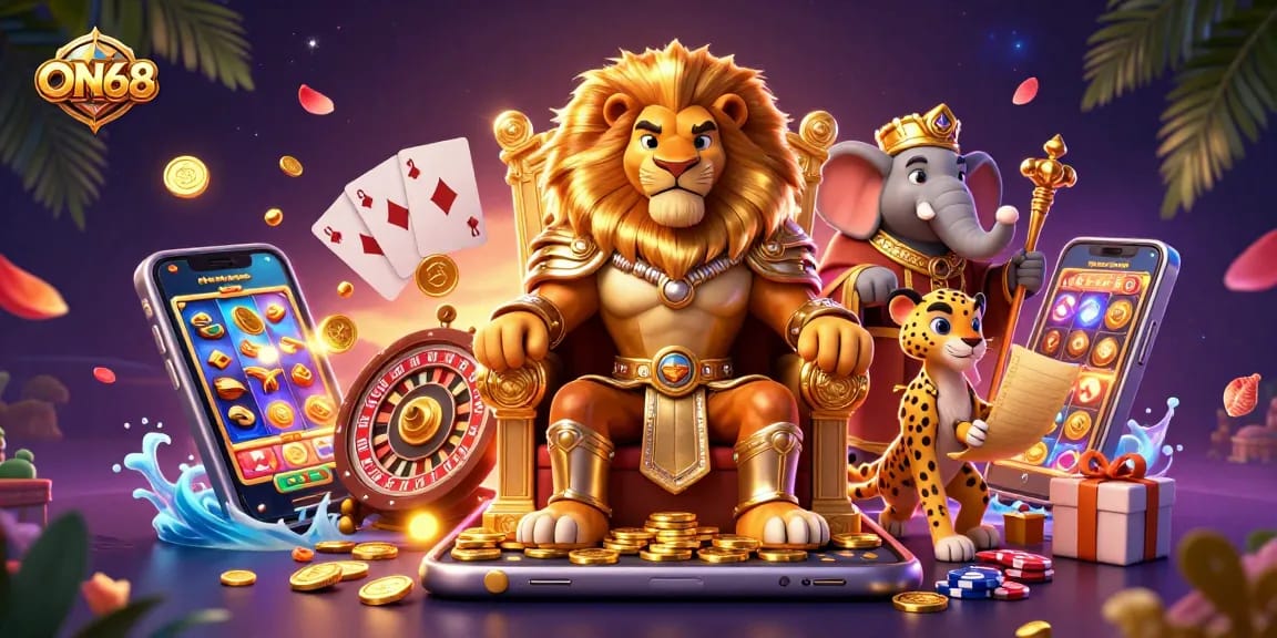 Experience the thrill of ON68 with vibrant casino elements and characters in an engaging 3D illustration.