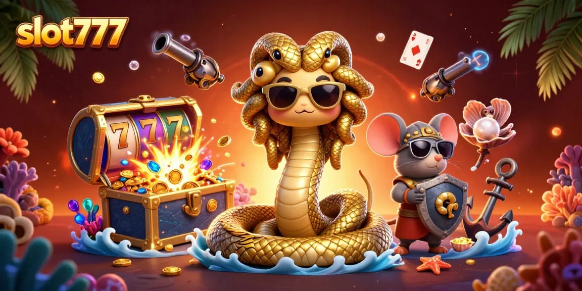 Slot777 menampilkan Medusa dan mouse pejuang dalam suasana kasino yang meriah.