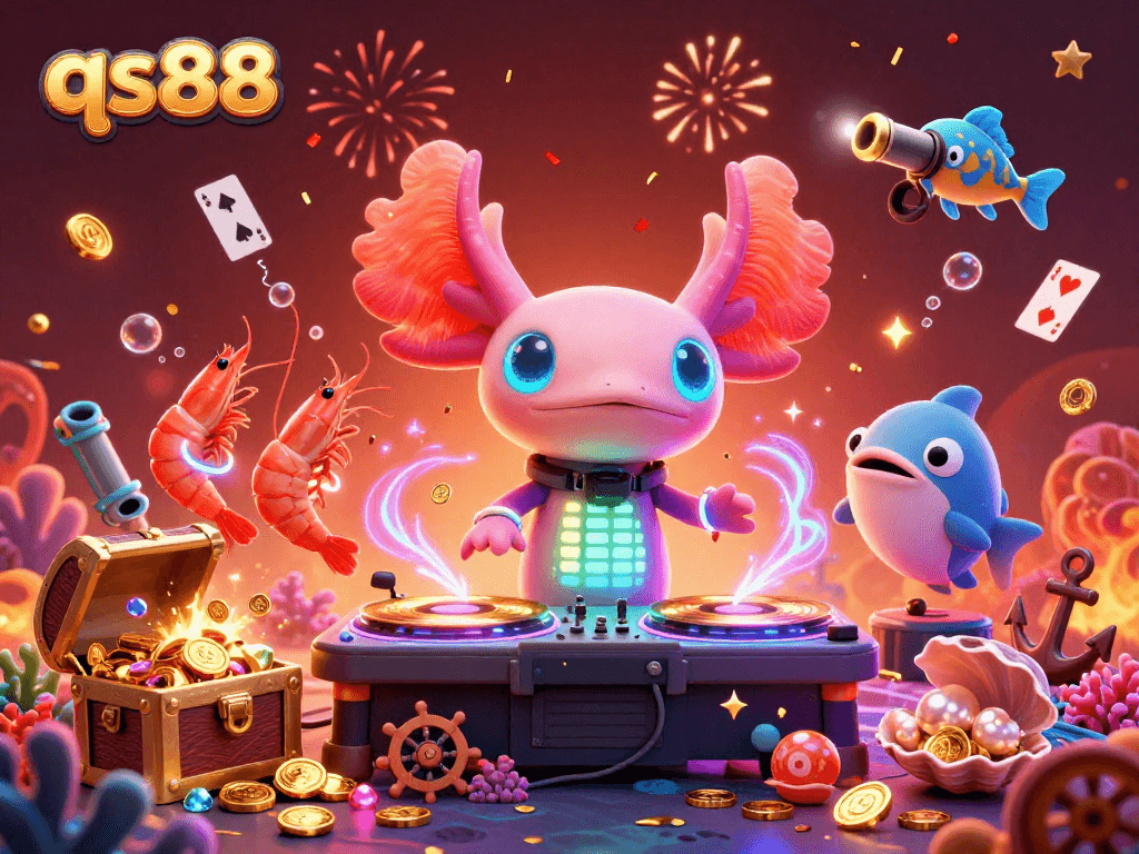 Engage with qs88 as the vibrant axolotl DJ spins underwater, surrounded by treasure and celebrating shrimp.