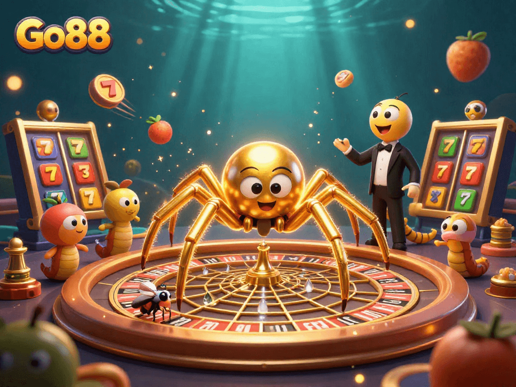 Experience thrilling slots with Go88 featuring a golden spider and trophy in a vibrant casino scene.