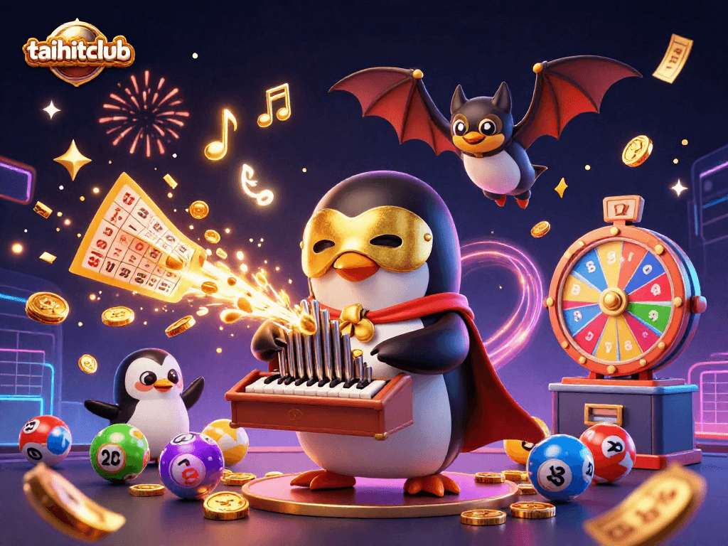 Engage with taihitclub's vibrant activities featuring a penguin playing an organ amidst a joyful casino celebration.