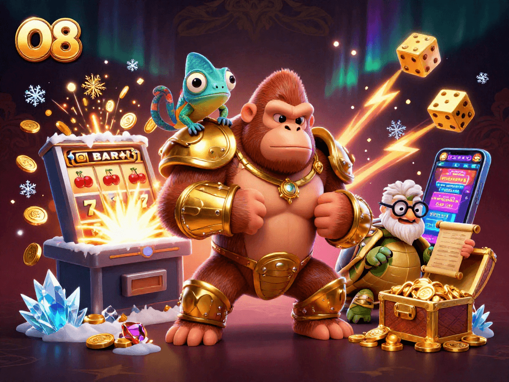 Experience thrilling gaming adventures at O8 with a vibrant 3D gorilla, chameleon, and tortoise!