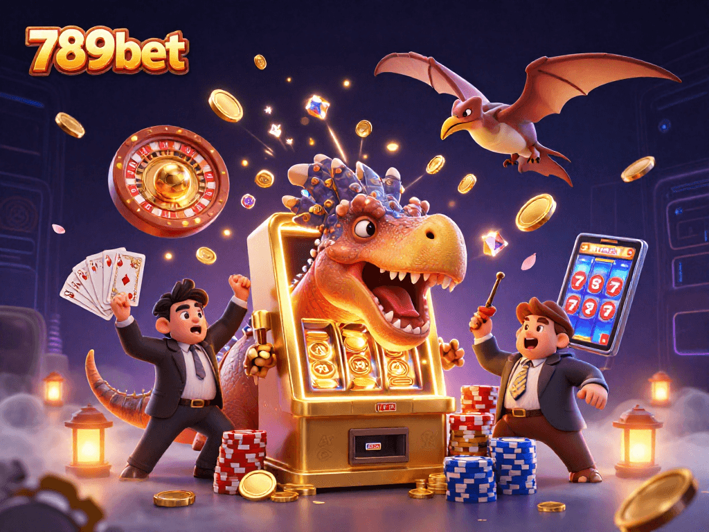 Catch big wins at 789bet as dinosaurs celebrate jackpots and flying coins in a vibrant casino.