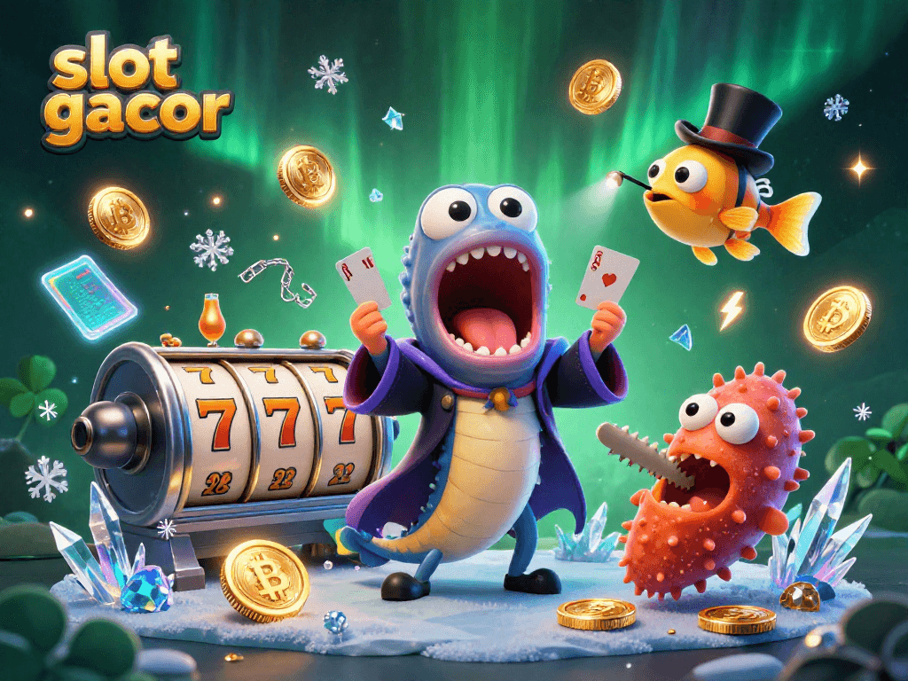 Engage in slot gacor action with a vibrant underwater casino scene featuring card tricks and magical elements.