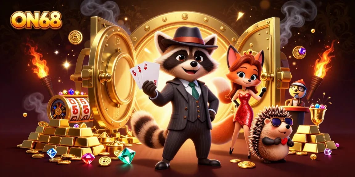 Join the thrilling action at ON68 with a suave raccoon, elegant fox, and a hedge-bouncer amidst slots and treasures.