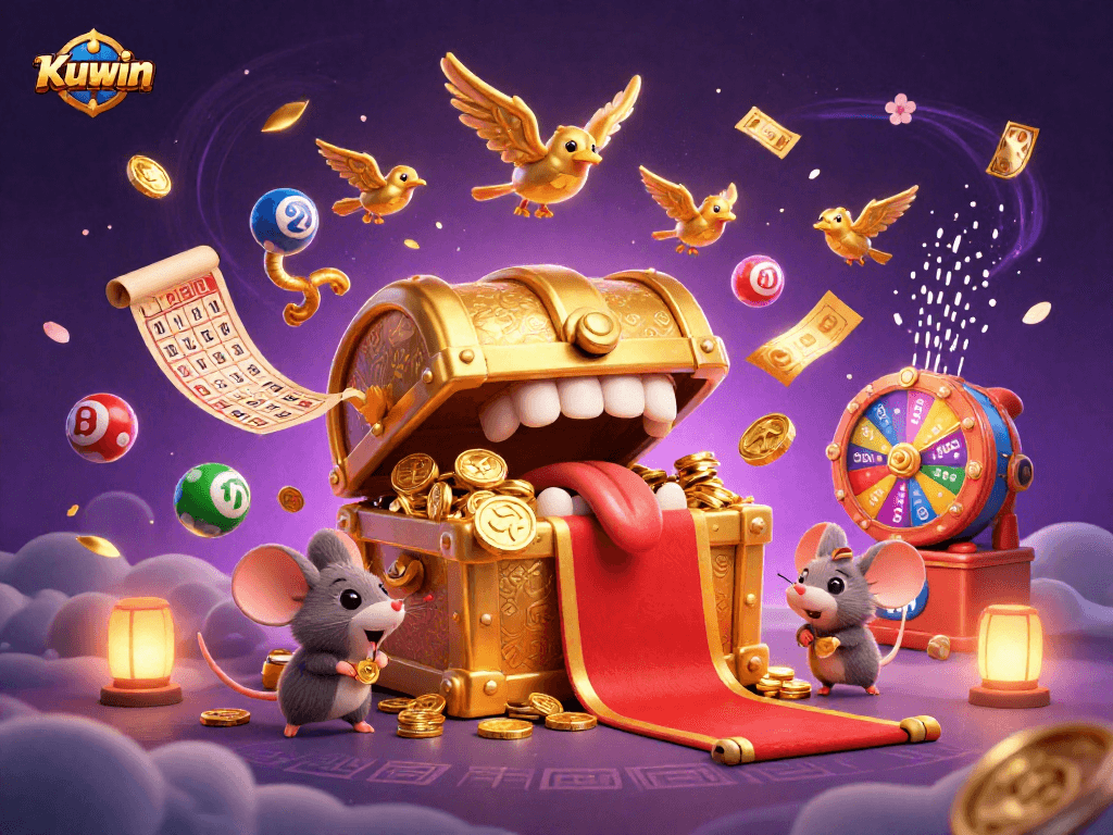 Experience gaming excitement with Kuwin, featuring colorful lottery balls and a treasure chest cartoon scene.