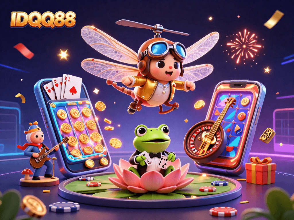 Experience the thrilling vibe of IDQQ88 with a lively casino scene featuring a frog croupier and jazz musicians.