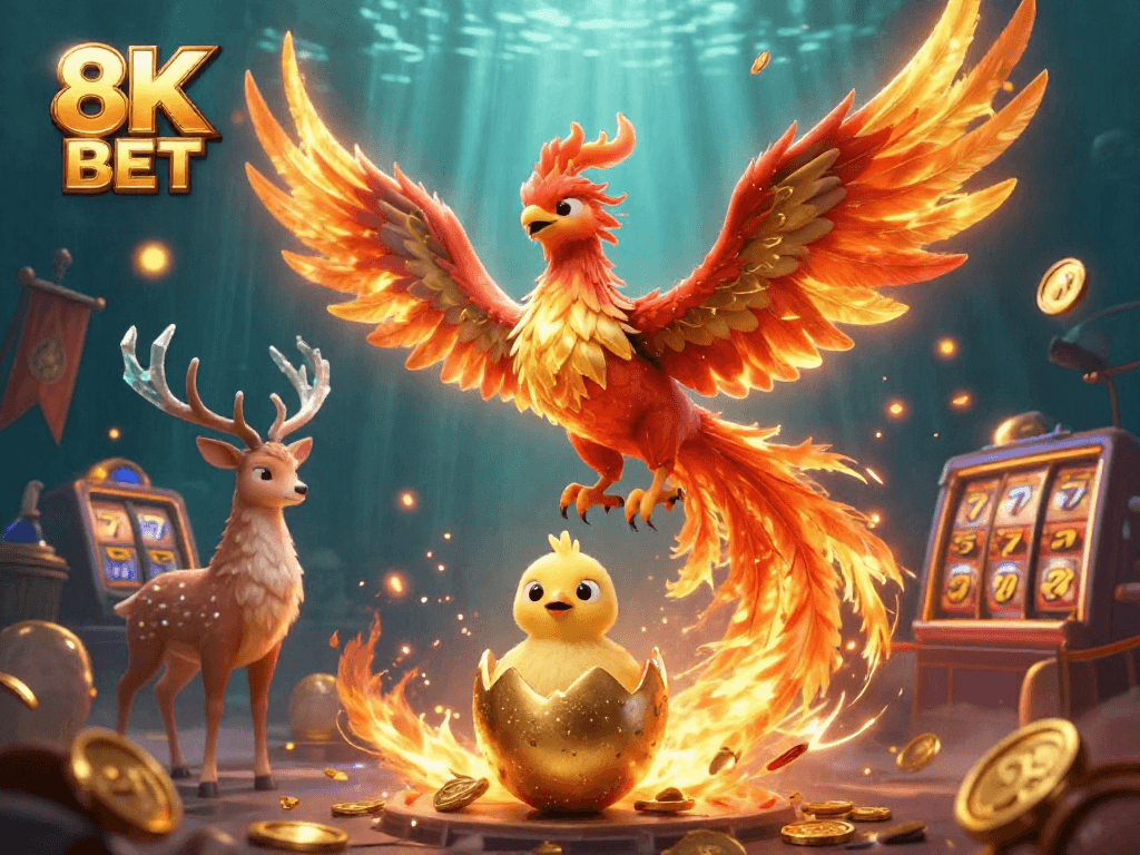 Experience thrilling gaming action at 8K BET with a magnificent phoenix illustration, symbolizing fortune.