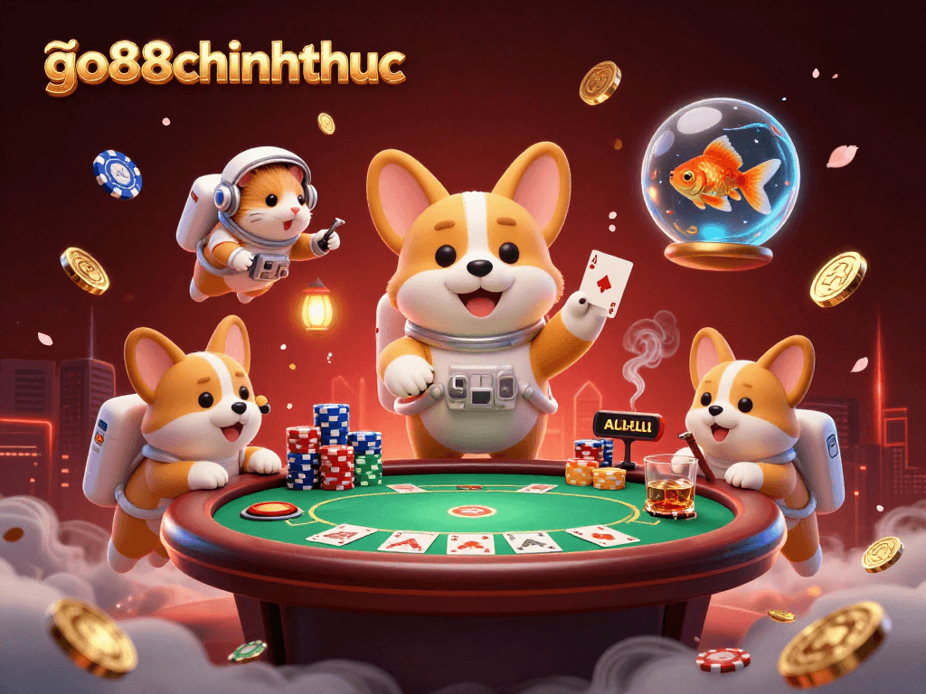Engage with go88chinhthuc in this vibrant casino space scene featuring playful characters and gaming action.