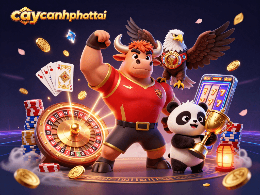 Spin and win in caycanhphattai with dynamic characters celebrating with cascading coins and vibrant casino elements.