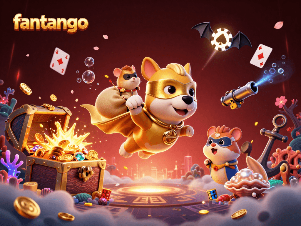 Level up your gameplay with fantango, as the superhero dog flies amidst gold coins and poker chips.