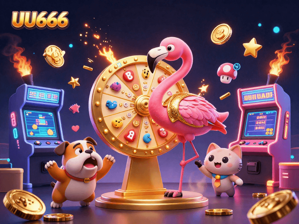 Experience excitement at UU666 with vibrant gaming elements and dynamic characters celebrating wins!