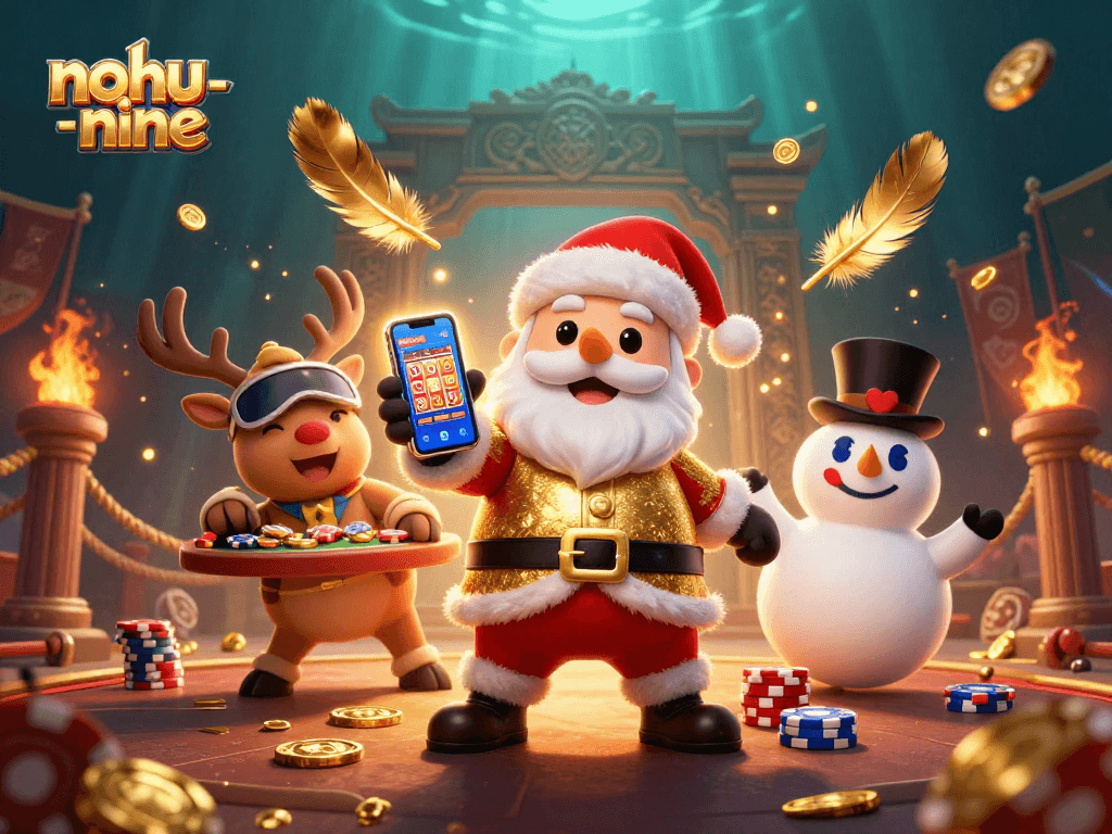 Experience the thrilling nohu-nine game with a vibrant scene featuring Santa, a reindeer dealer, and a poker chip snowman.