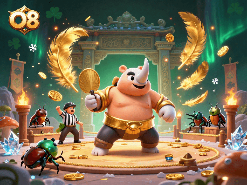 Experience thrilling gameplay at O8 with vibrant characters and golden coins flying in a dynamic scene.