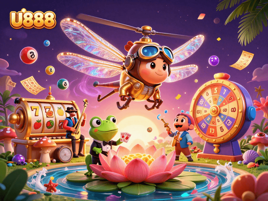 U888 features a lively gaming scene with a dragonfly pilot, frog croupier, and vibrant slots.