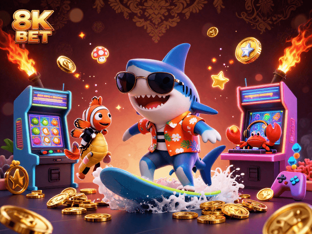 Engage with 8K BET's thrilling casino adventure featuring a shark, clownfish, and crab in vibrant 3D.
