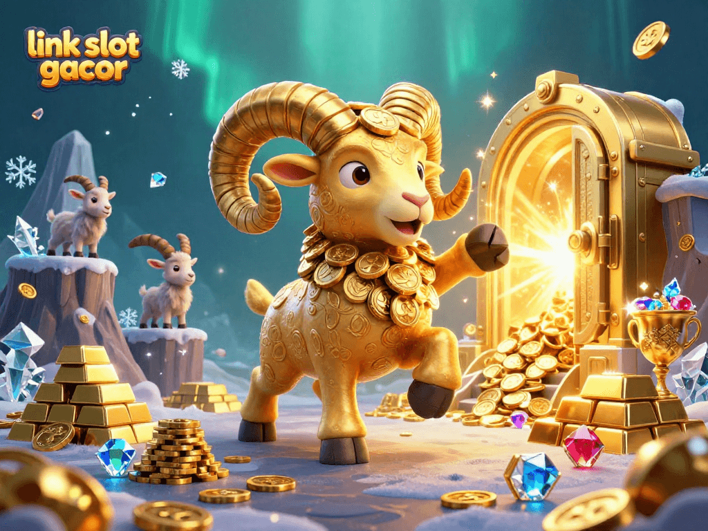 Menang di link slot gacor dengan ram emas yang memukau, dikelilingi tumpukan harta karun dan kemewahan judi.