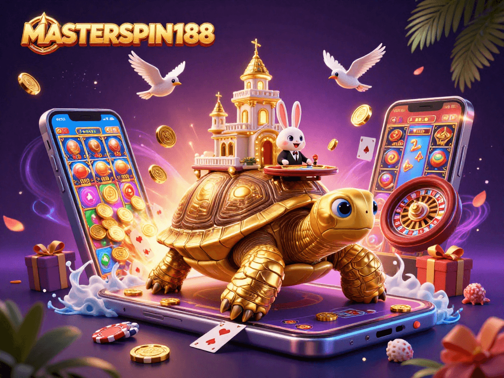 Play vibrant slots and win big with MASTERSPIN188 in a cartoon casino scene!