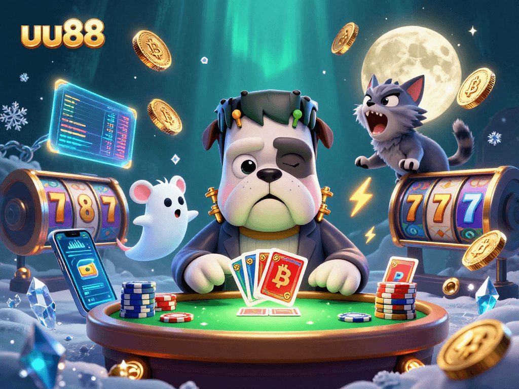 uu88 casino experience with colorful gaming characters around a green-lit table featuring engaging elements like poker cards