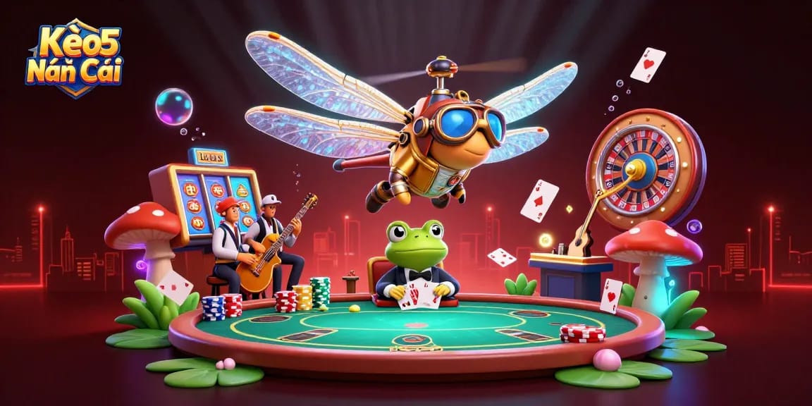 Engage with Kèo Nhà Cái 5 in a vibrant casino scene showcasing exciting gaming elements and dynamic characters.