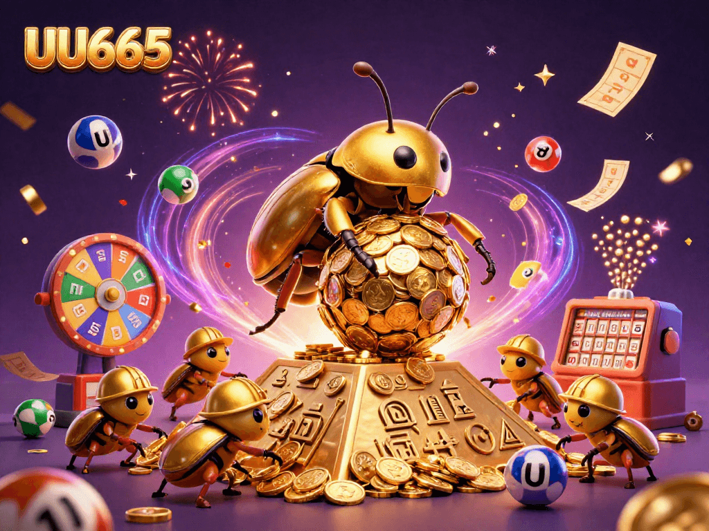 Spin and win with UU666 in a vibrant casino-themed 3D illustration showcasing fun and excitement.