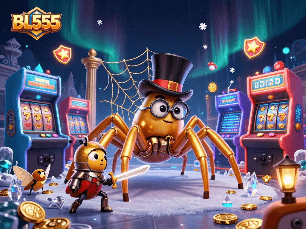 Experience thrilling gameplay at BL555 with a golden tarantula and a brave knight amidst casino symbols.