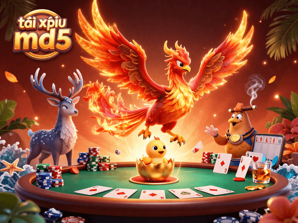 Experience the excitement of tài xỉu md5 with a vibrant illustration of a phoenix and poker scene.