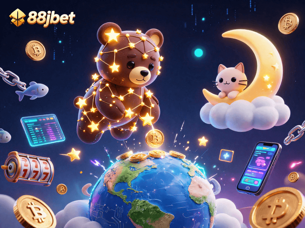 Experience the thrilling world of 88jbet with dazzling constellation bears and crypto treasures in a vibrant casino scene.