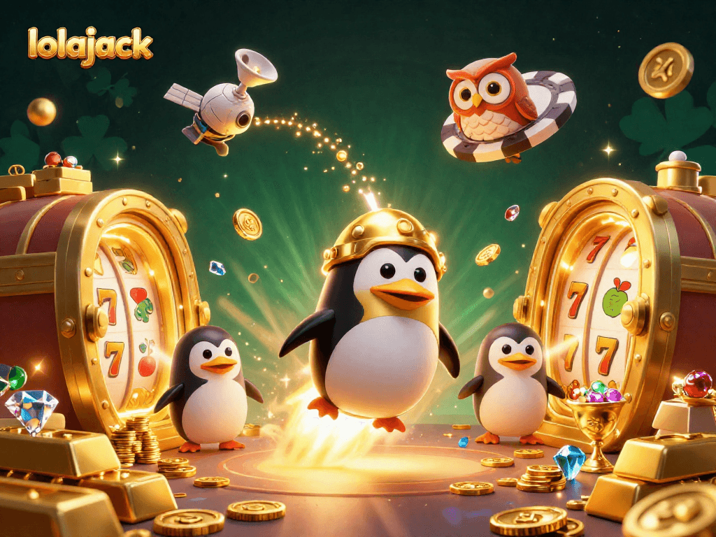 Experience lolajack as the golden penguin navigates a vibrant casino theme filled with treasure and excitement.