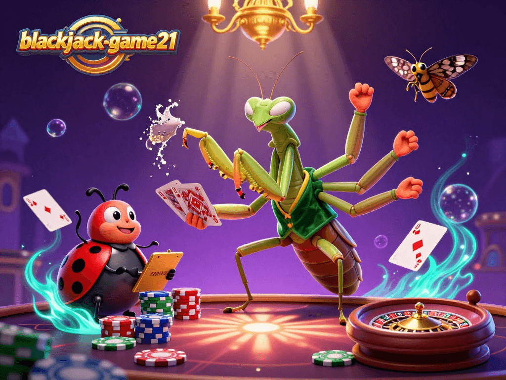 Experience the excitement of blackjack-game21 with animated casino characters engaging in lively gameplay.
