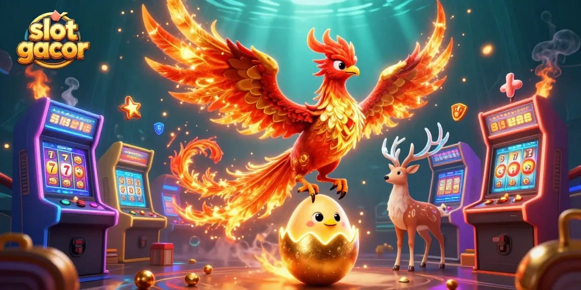 Play thrilling slot gacor games with a vibrant phoenix and mystic stag in a colorful casino scene.