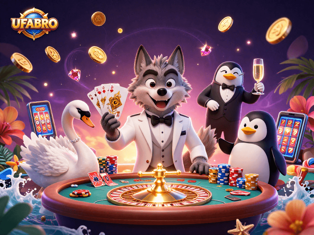 Experience winning moments at UFABRO with a vibrant casino scene featuring charismatic characters and gaming excitement.