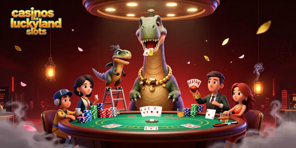 Engage with casinos like luckyland slots in this vibrant 3D gaming scene with dynamic characters.