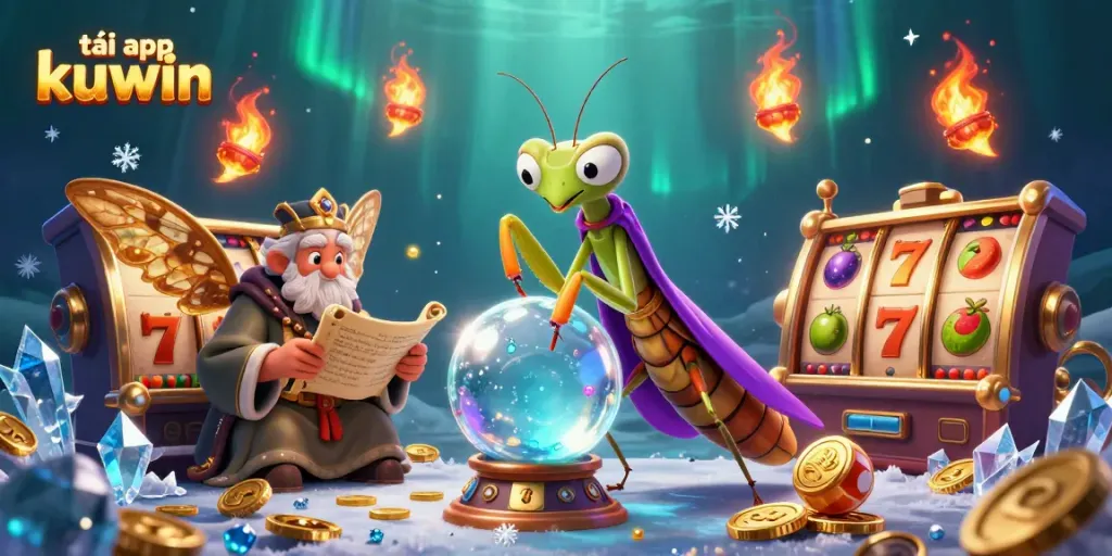 Play and win big with tải app kuwin in an enchanting 3D casino scene filled with slots and lucky symbols.