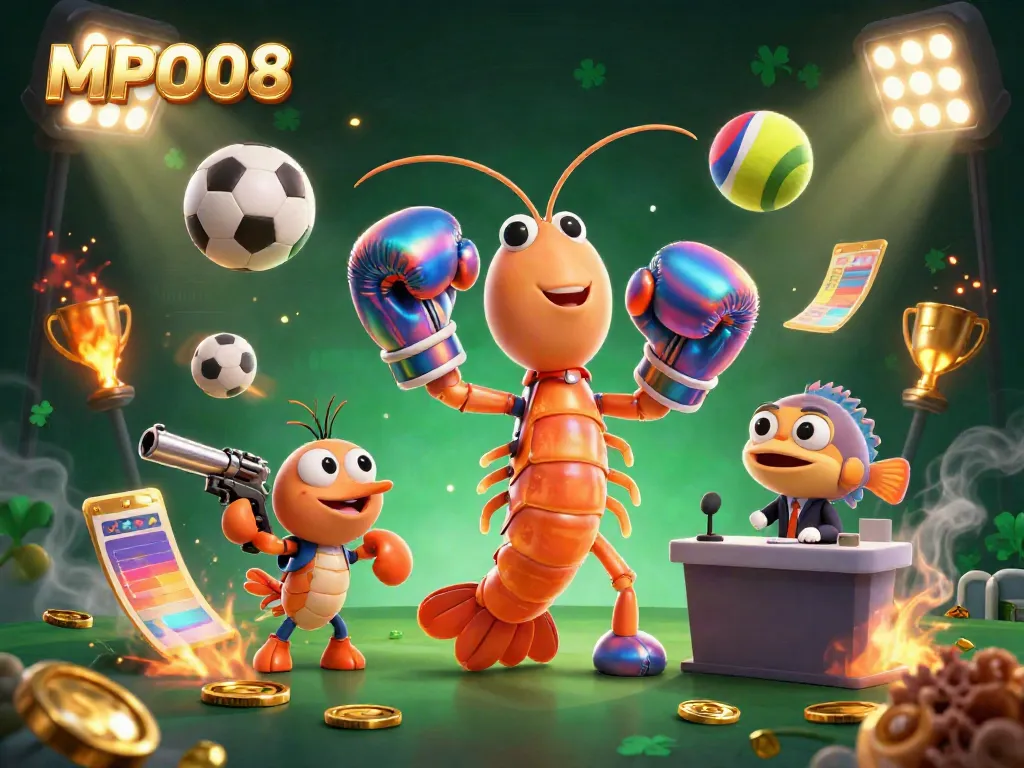 MPO08 offers engaging gameplay with the dynamic scene featuring cartoon mantis and shrimp in casino setting.