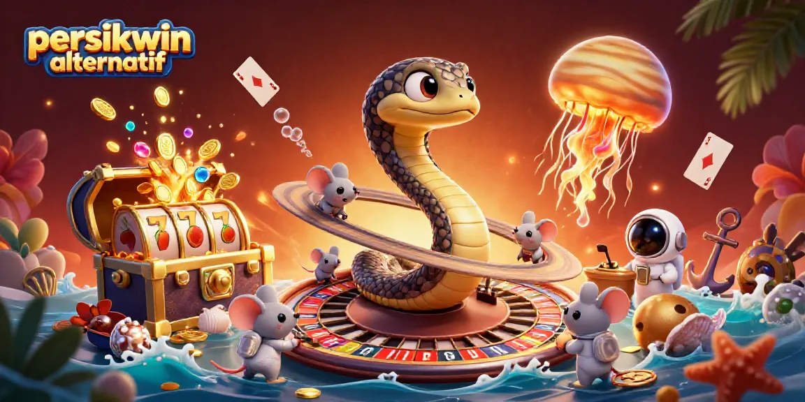Ilustrasi 3D persikwin alternatif dengan ular Saturnus, mouse astronaut, dan dealer ubur-ubur di kasino galaksi.