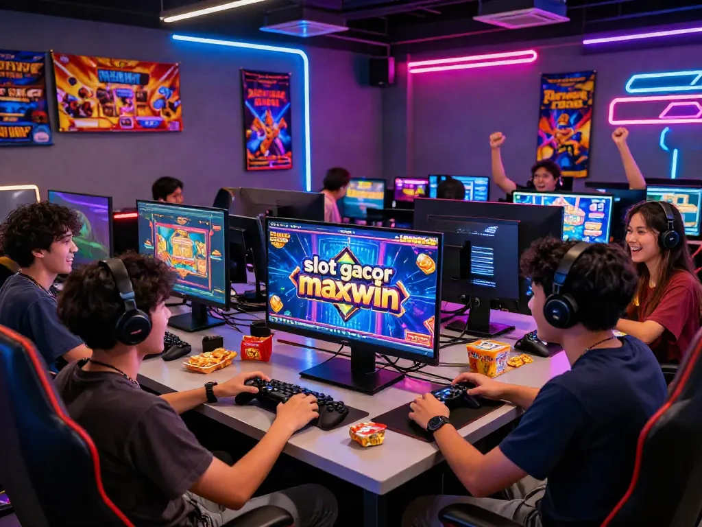 Exciting gaming lounge with friends playing slot gacor maxwin online, vibrant atmosphere.