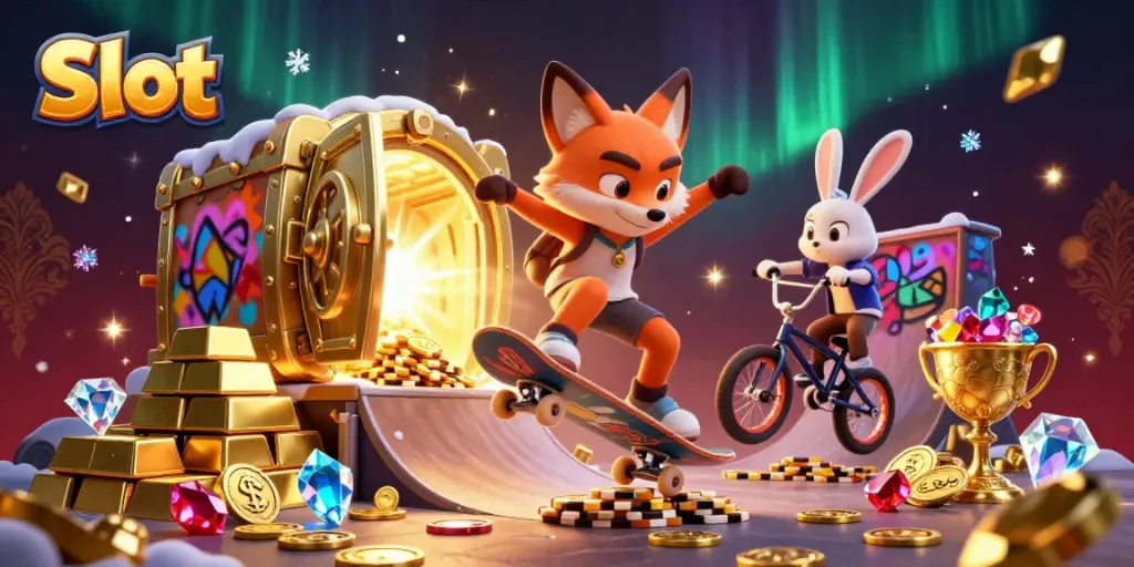Engage with exciting Slot gameplay through a 3D scene featuring a skateboarder fox and BMX rabbit amidst vibrant casino symbolism.