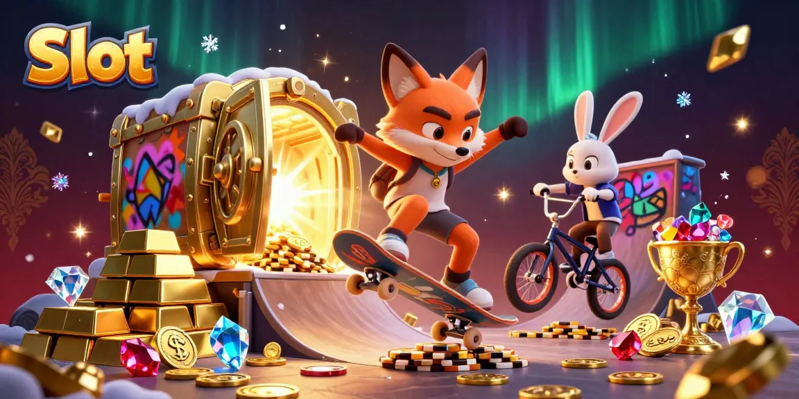 Engage with exciting Slot gameplay through a 3D scene featuring a skateboarder fox and BMX rabbit amidst vibrant casino symbolism.