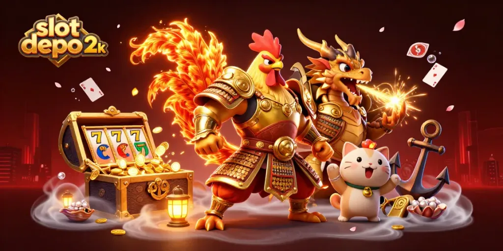 Experience the thrill of winning with slot depo 2k in a vibrant casino scene featuring dynamic characters and rich game elements.