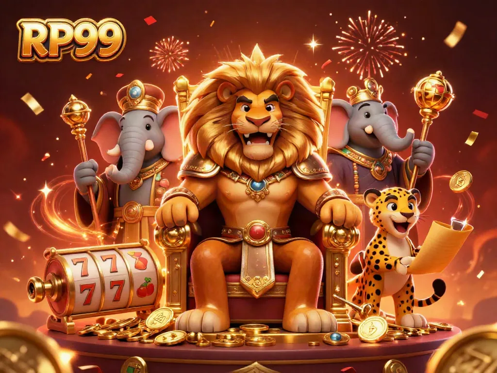 Experience the excitement of RP99 with a royal casino scene featuring a lion king, an elephant advisor, and a cheetah messenger among dynamic game elements.